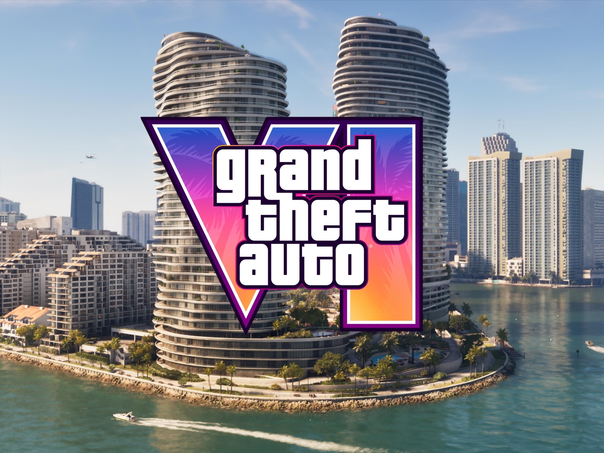 Logo de Grand Theft Auto VI sobre paisaje urbano con rascacielos y costa, evocando ambientación moderna de ciudad.