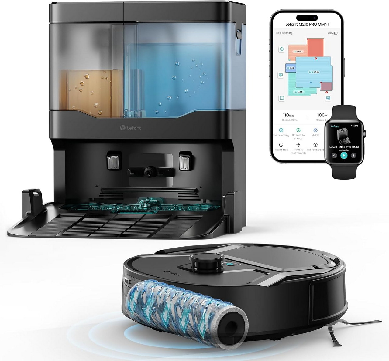 Robot aspirador Lefant M210 PRO con limpieza automática y control vía app móvil y reloj inteligente.