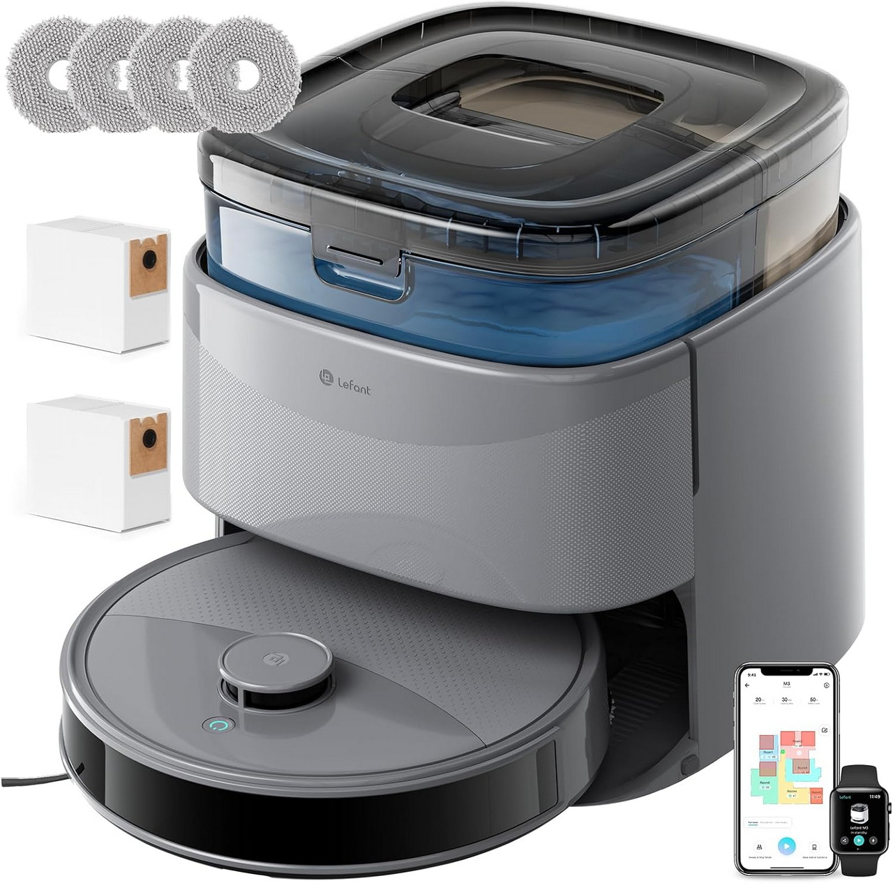 Robot aspirador Lefant con accesorios y aplicación móvil para limpieza inteligente del hogar.