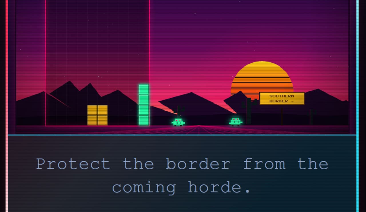 Atardecer retro con letrero de frontera sur, luces de neón y texto Protege la frontera de la horda.
