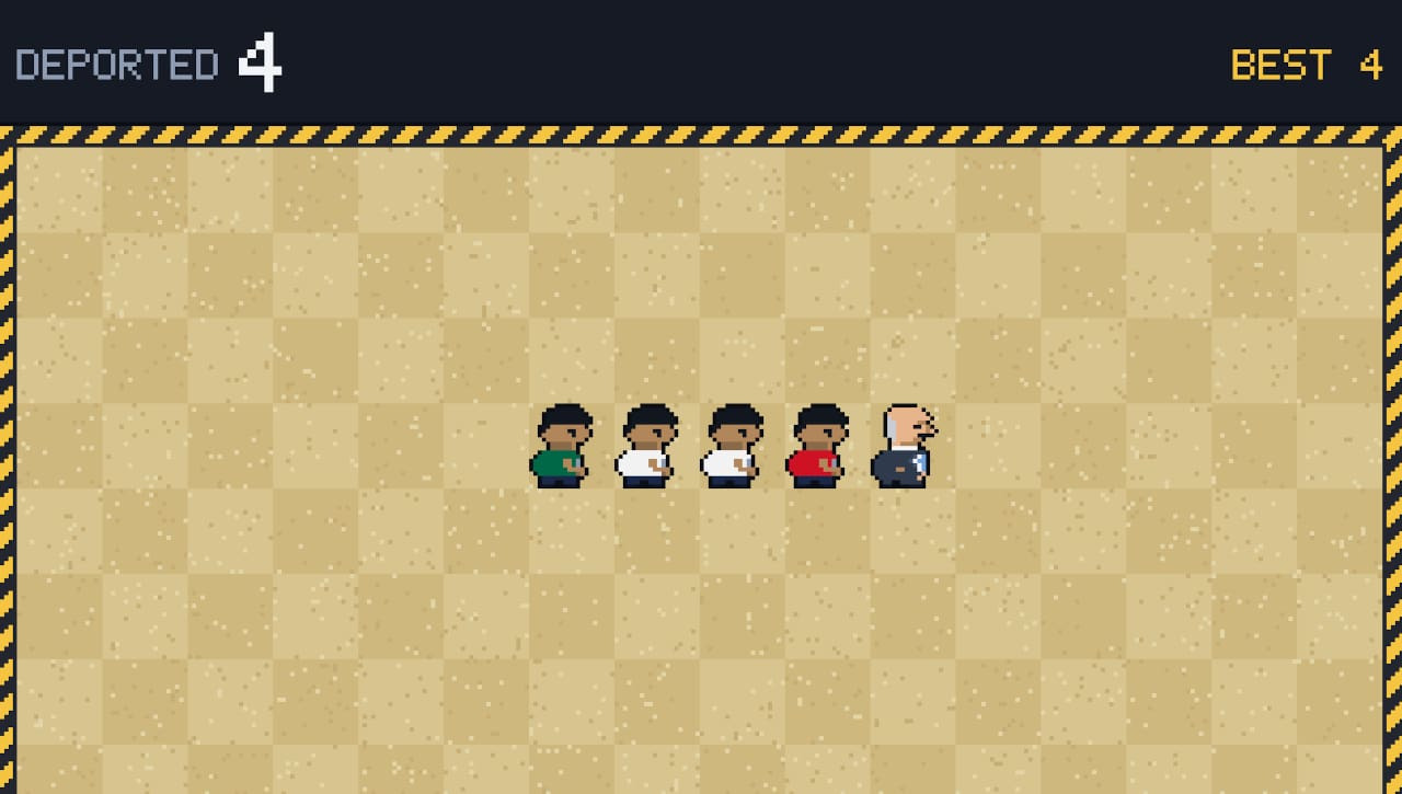 Cuatro personajes pixelados en fila, fondo cuadriculado. Texto arriba: DEPORTED 4, BEST 4. Juego retro de estrategia.