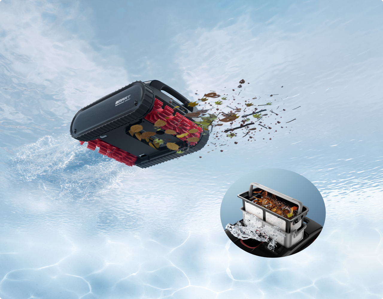 Robot limpiador de piscinas recogiendo hojas bajo el agua. Innovador y eficiente mantenimiento automático.