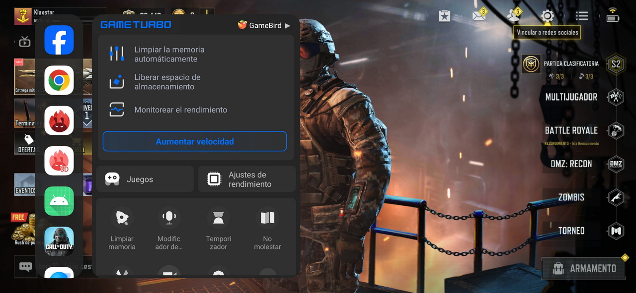 Pantalla de GameTurbo con opciones de optimización y en el fondo juego de soldado en modo multijugador.