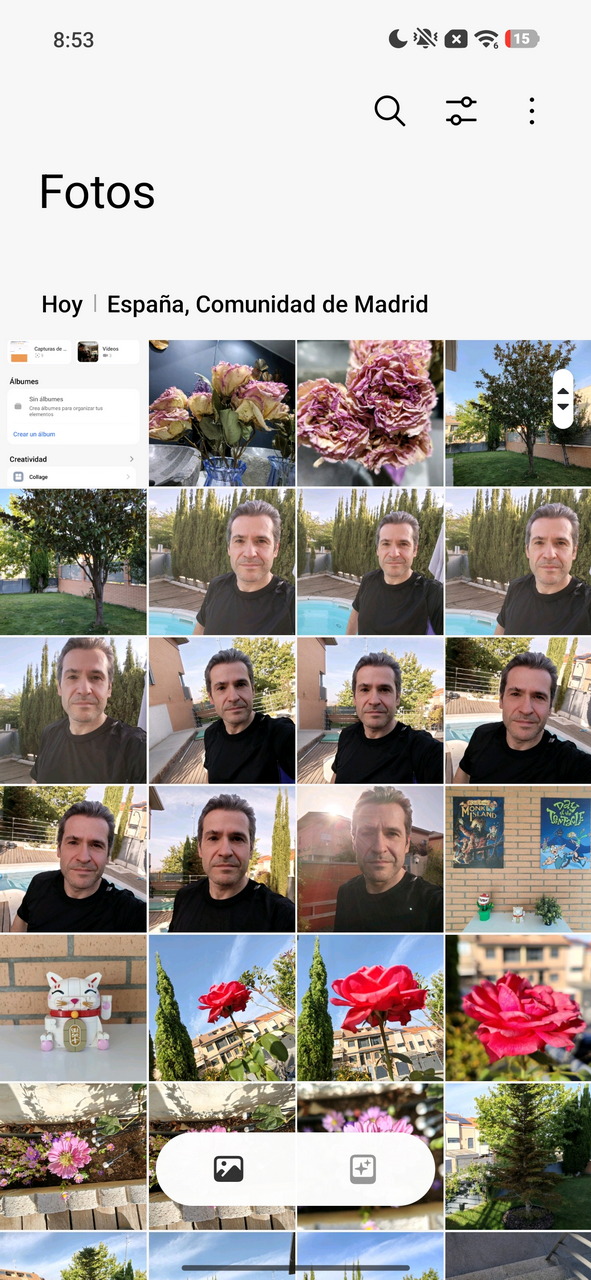 Galería de fotos en un móvil, España, con imágenes de flores, una persona y un jardín.