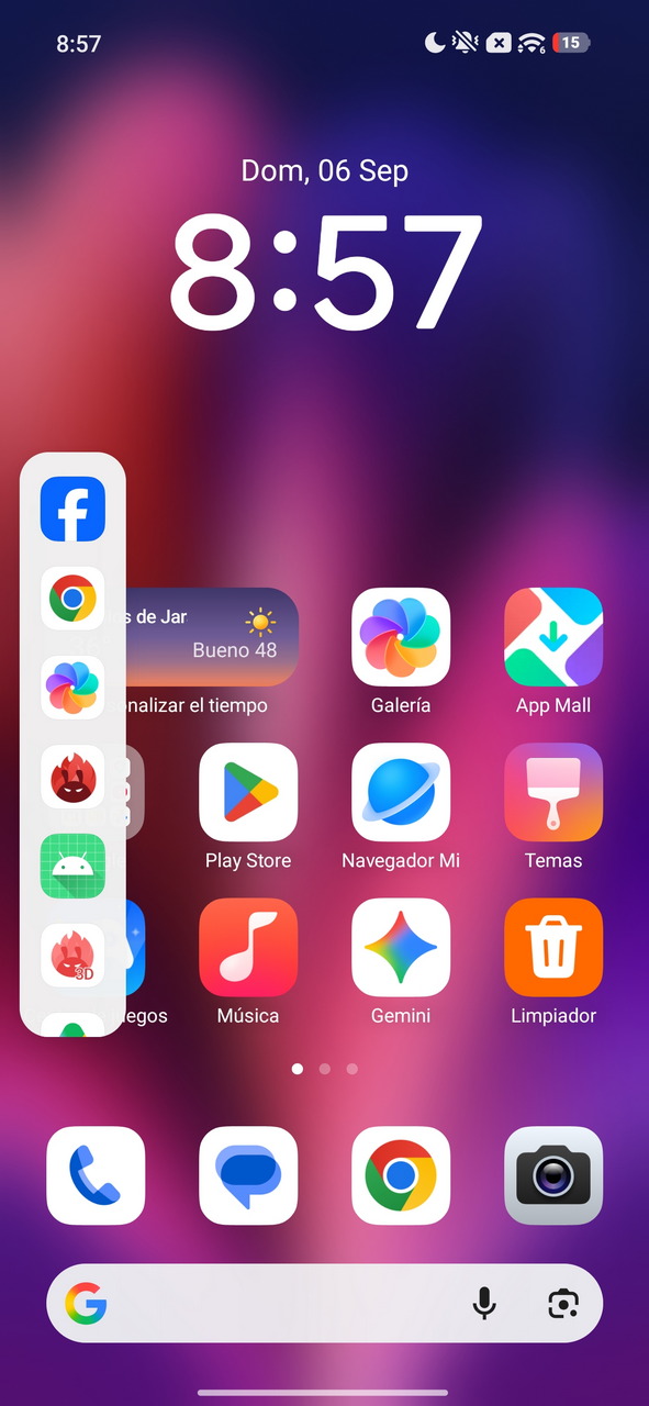 Pantalla de inicio de un smartphone con aplicaciones y barra lateral, mostrando la hora 8:57, domingo 6 de septiembre.