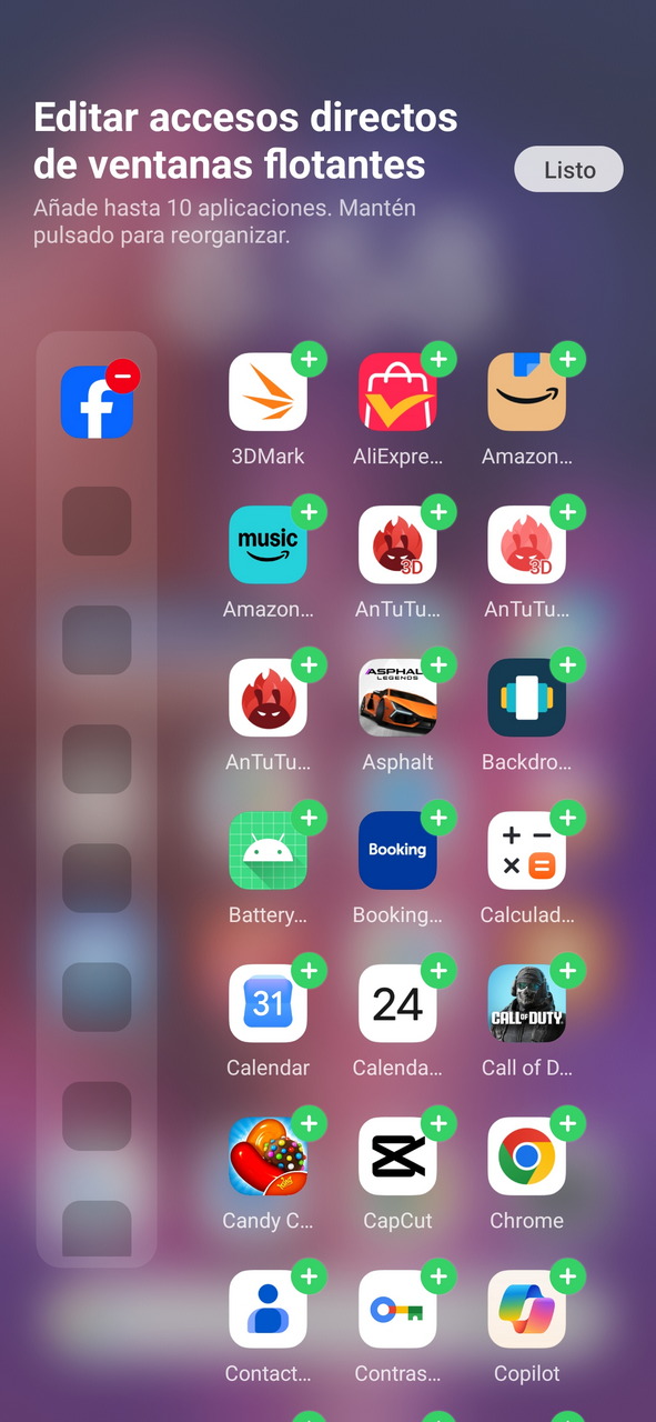 Pantalla de edición de accesos directos en dispositivo Android, mostrando diversas aplicaciones para añadir.