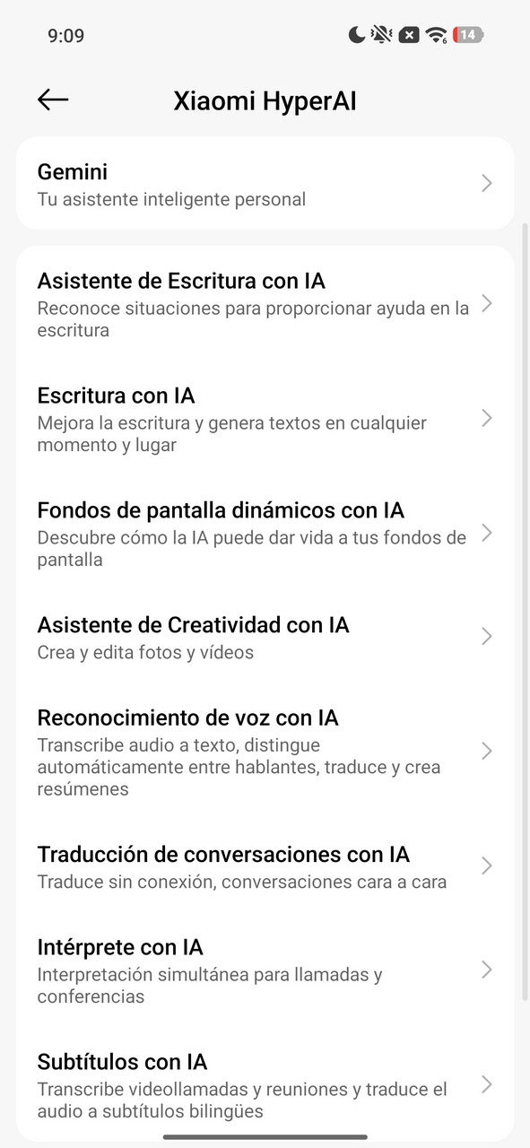 Lista de funciones de Xiaomi HyperAI, incluyendo asistencia, escritura, creatividad y traducción con IA.