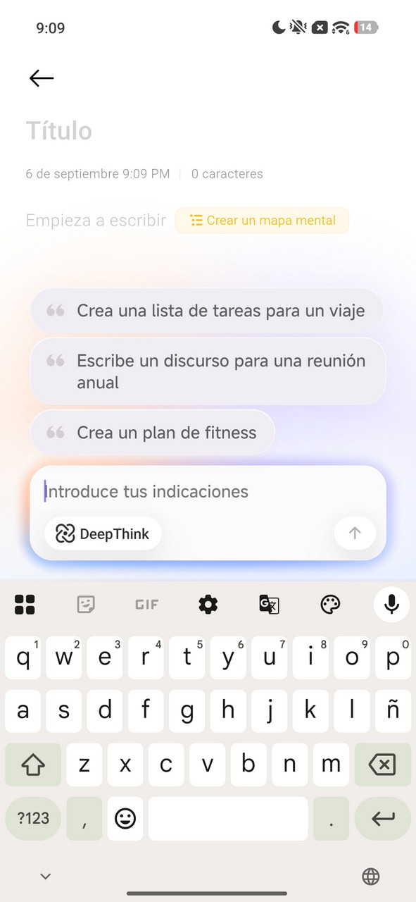 Aplicación de notas y teclado en pantalla de teléfono con ejemplos de tareas en pantalla.