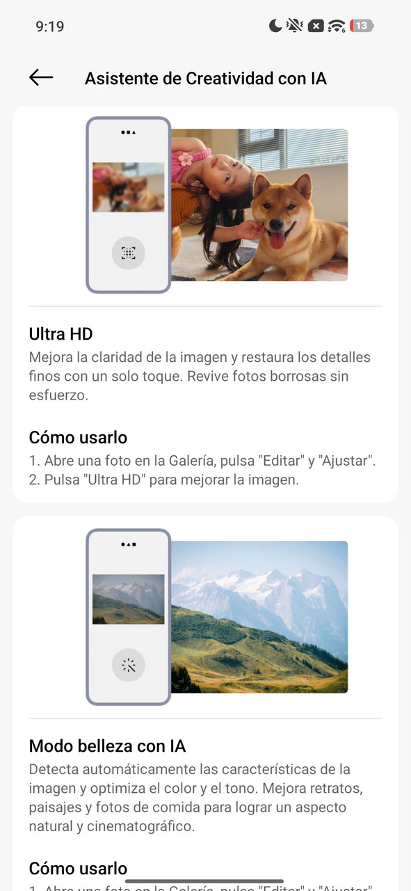 Aplicación de Asistente Creativo con IA para mejorar fotos con Ultra HD y Modo Belleza. Maneras de optimizar imágenes.