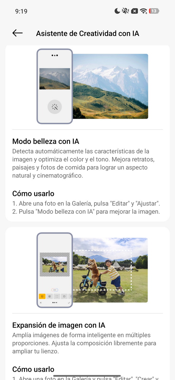 Aplicación móvil de edición de imágenes con IA para mejorar color y tono en paisajes y retratos.