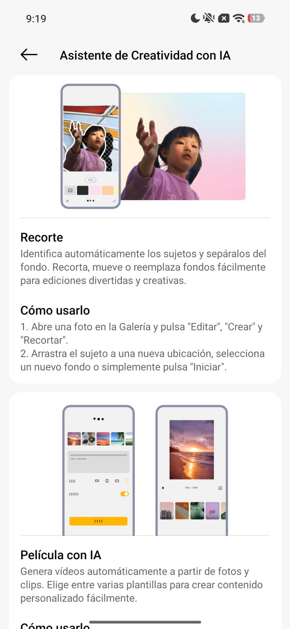 Pantalla del asistente de creatividad con IA mostrando opciones de recorte y edición de fotos en la galería móvil.