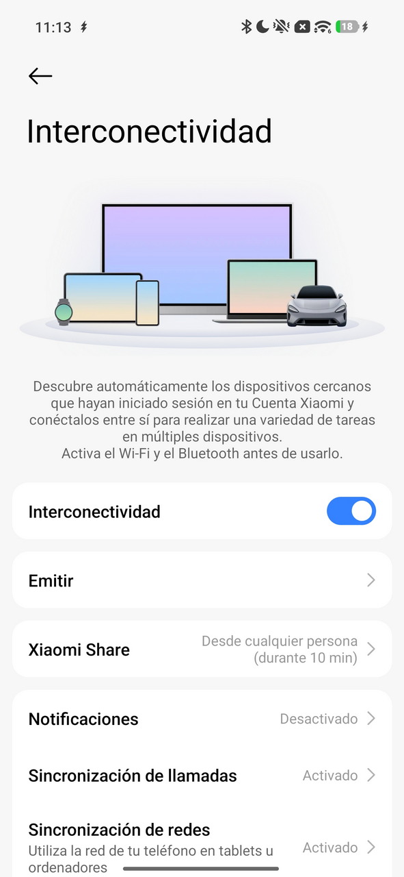 Pantalla de configuración de interconectividad de Xiaomi, mostrando dispositivos conectados y opciones de sincronización.