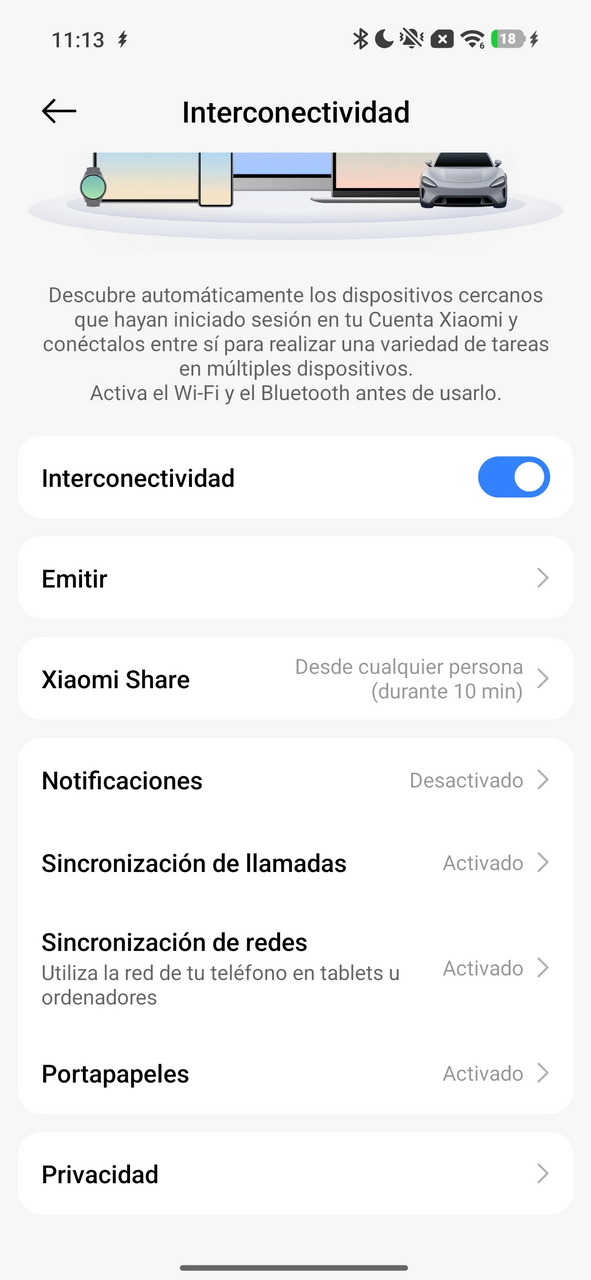 Configuración de interconectividad en dispositivos Xiaomi, incluye opciones de Wi-Fi, Bluetooth y sincronización.