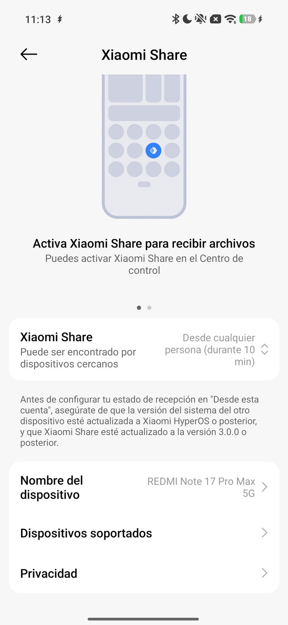 Pantalla de configuración de Xiaomi Share en un smartphone, opción para activar y recibir archivos de dispositivos cercanos.