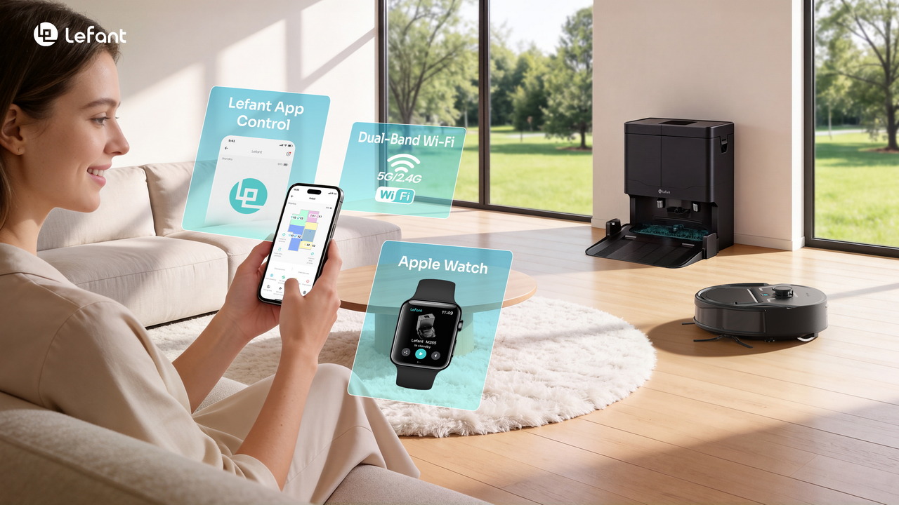 Mujer controlando robot aspirador Lefant con app en móvil y Apple Watch en sala con Wi-Fi de doble banda.