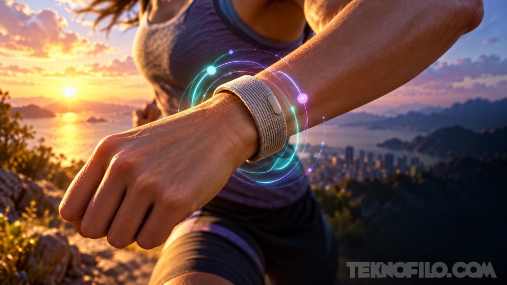 Apple prepara una pulsera de salud sin pantalla Ilustración de una pulsera de salud sin pantalla en la muñeca de una persona que corre