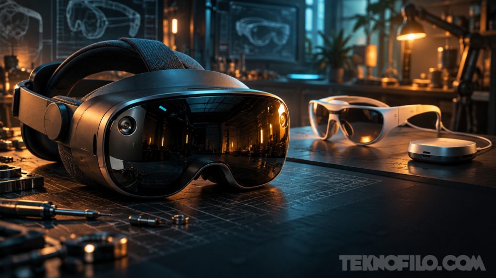 El sucesor del Apple Vision Pro está en el aire: el proyecto N224 podría cancelarse Ilustración conceptual de un visor de realidad mixta junto a unas gafas VR ligeras y un módulo externo