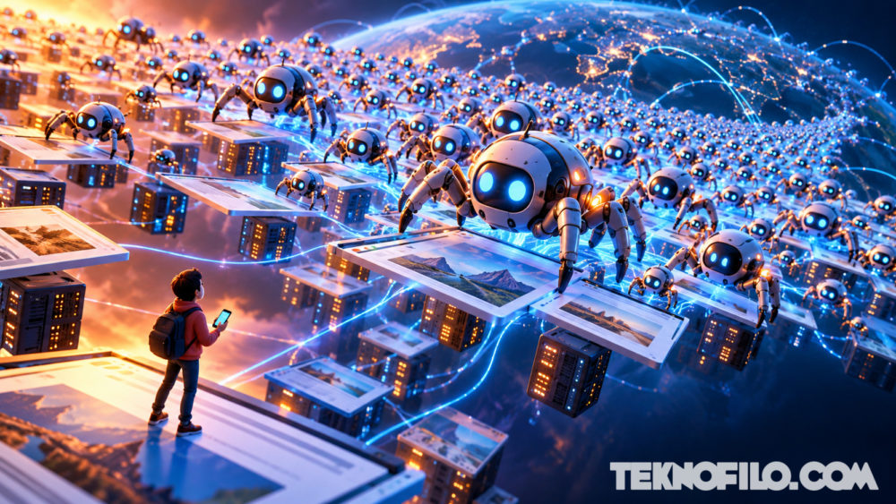 Una persona observa una enorme multitud de bots de IA que recorren páginas web y servidores