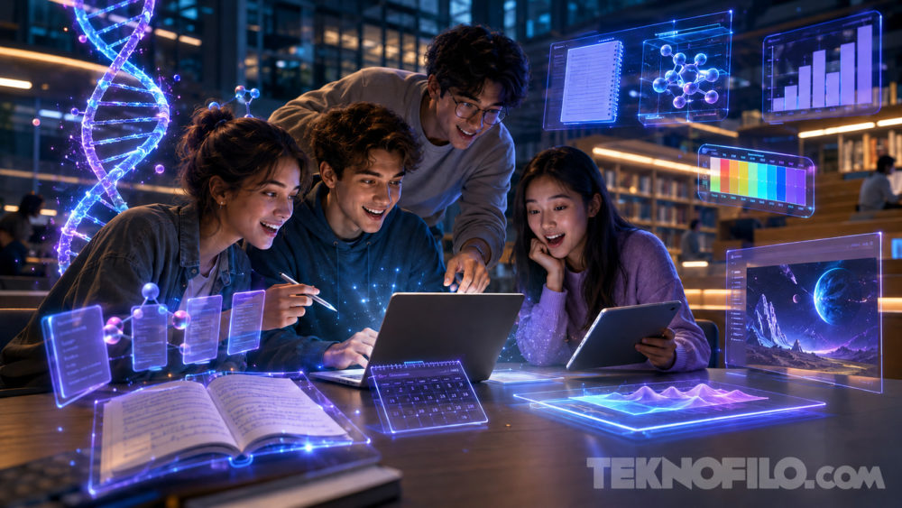 Google regala 1 año de Gemini a los estudiantes españoles: así puedes conseguirlo Estudiantes investigando en laptops con hologramas de gráficos y moléculas en una biblioteca moderna. Tecnología avanzada.