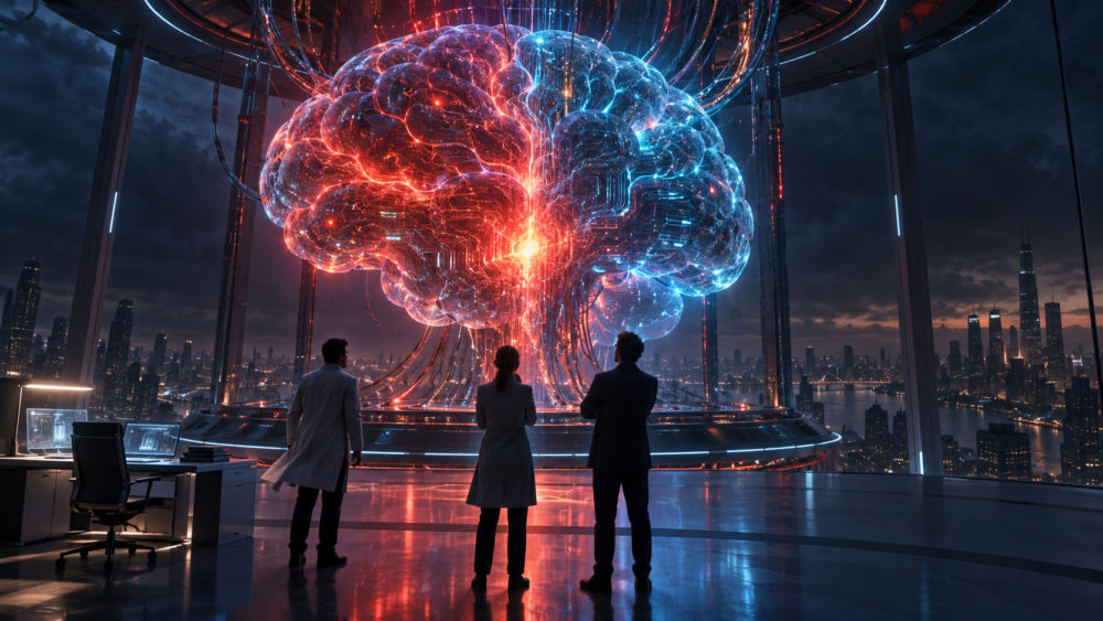 Un experto de Anthropic cifra en más del 10% el riesgo de que la IA acabe con la humanidad Tres científicos observan una representación digital y luminosa de un cerebro gigante en un laboratorio futurista.