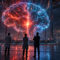 Un experto de Anthropic cifra en más del 10% el riesgo de que la IA acabe con la humanidad Tres científicos observan una representación digital y luminosa de un cerebro gigante en un laboratorio futurista.