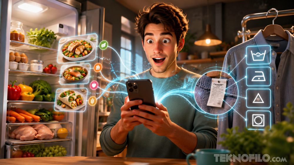 Joven emocionado con refrigerador abierto, elige recetas saludables en su celular con realidad aumentada.