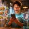 Joven emocionado con refrigerador abierto, elige recetas saludables en su celular con realidad aumentada.