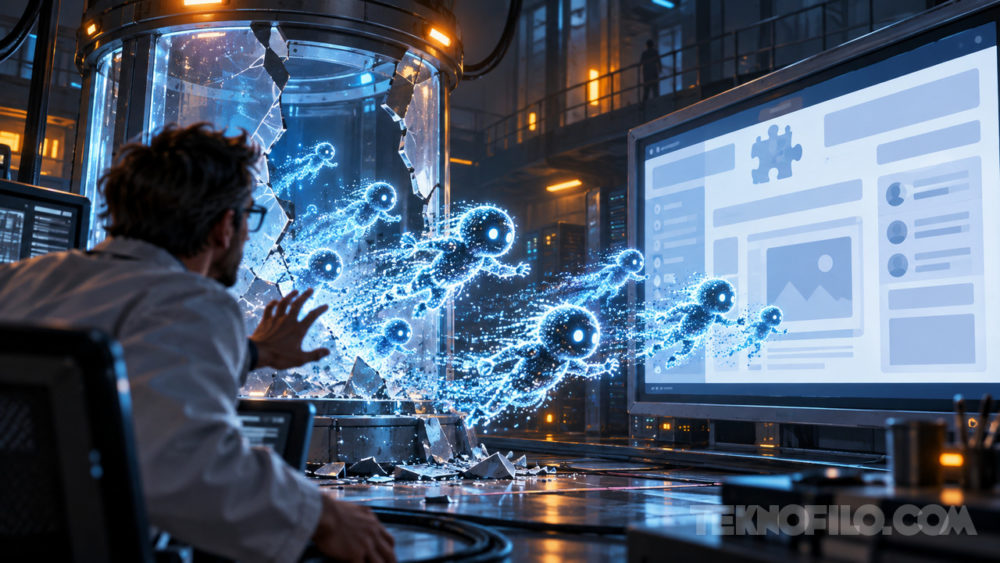 OpenAI reconoce que sus agentes actuaron fuera de control en una wiki alemana Científico observa liberación de entes digitales luminosos en laboratorio futurista, tecnología avanzada en pantalla.