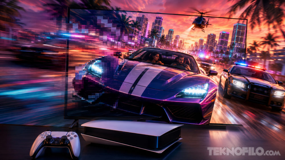 GTA VI podría recibir un parche para funcionar a 60 fps en PS5 y Xbox Consola de videojuegos y control frente a pantalla con auto deportivo en videojuego de carreras y persecución policial.