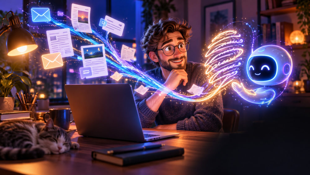 Hombre sonriente con gafas usa laptop por la noche, rodeado de correo electrónico y asistente virtual animado.