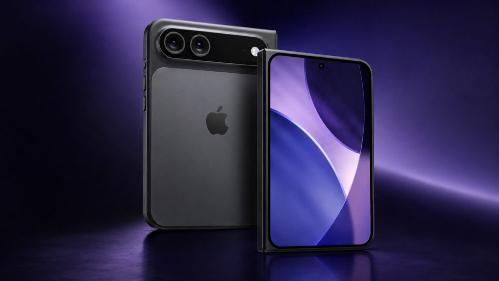 iPhone Ultra plegable: Bloomberg confirma sus características finales Teléfono inteligente moderno con pantalla y cámara dual en fondo morado. Diseño elegante y tecnología avanzada.