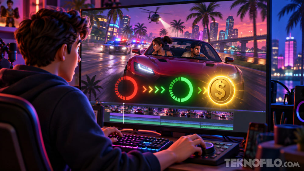 GTA 6 podrá monetizarse en YouTube, pero hay una regla de siete segundos Persona jugando a un videojuego de carreras en una pantalla grande, con coches y luces de ciudad al fondo.