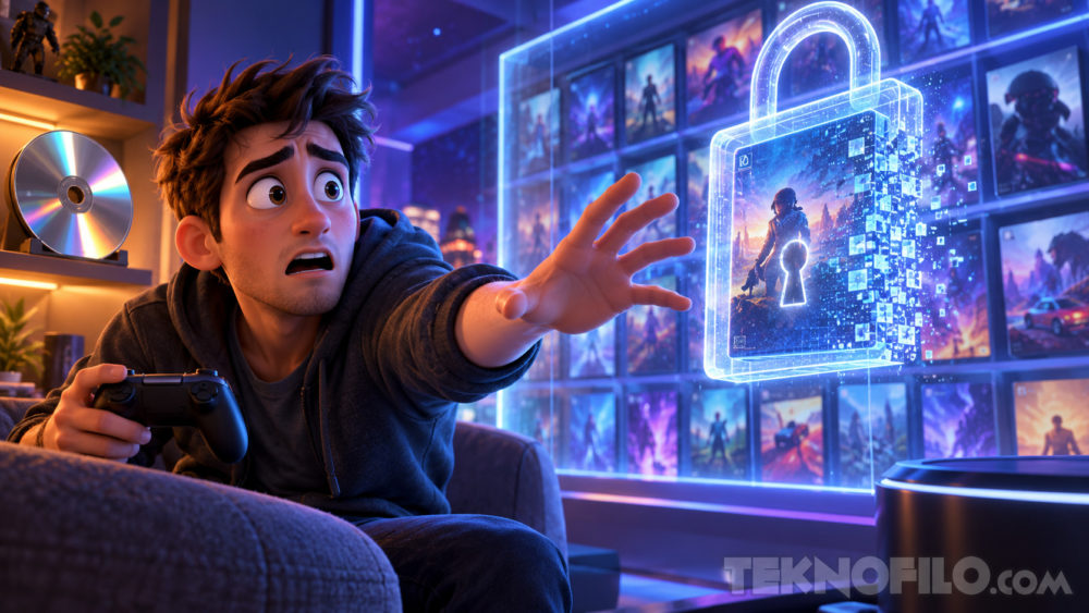 ¿Son tuyos los juegos que compras en PlayStation Store? Sony dice que no Joven sorprendido jugando videojuego y alcanzando holograma de candado digital en habitación iluminada.