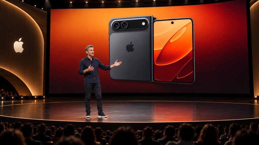 Presentación del nuevo smartphone plegable de Apple en un escenario, con un fondo naranja vibrante.