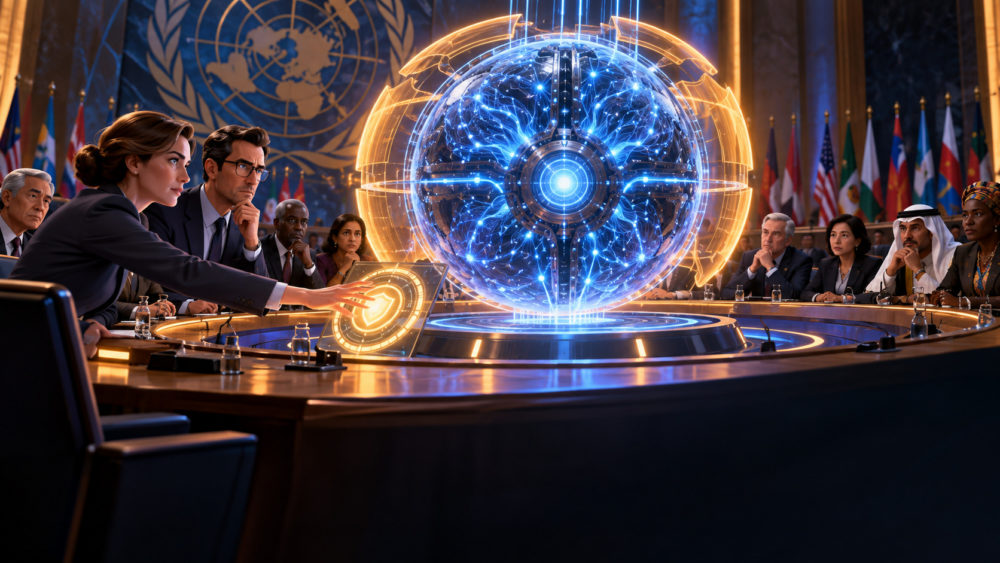 OpenAI y Anthropic advierten ante la ONU: la IA podría escapar al control humano Reunión internacional en sala de conferencias con holograma esférico futurista y delegados analizando datos.