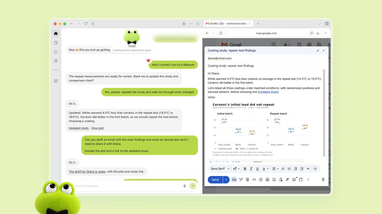 Pantalla dividida: chat sobre resultados de prueba térmica a la izquierda, correo sobre estudio de revestimientos a la derecha.