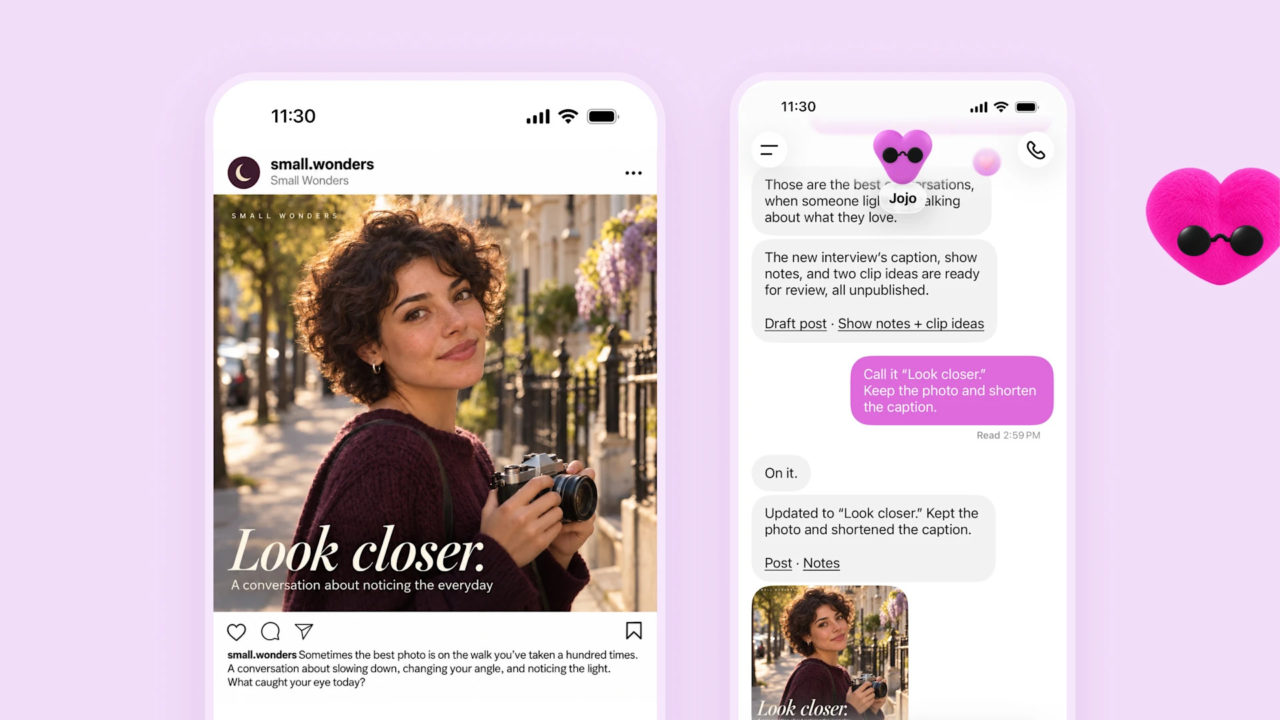 Mujer con cámara sonriendo, gráfico de Instagram Look Closer. Chat sobre revisar publicaciones y editar subtítulos.