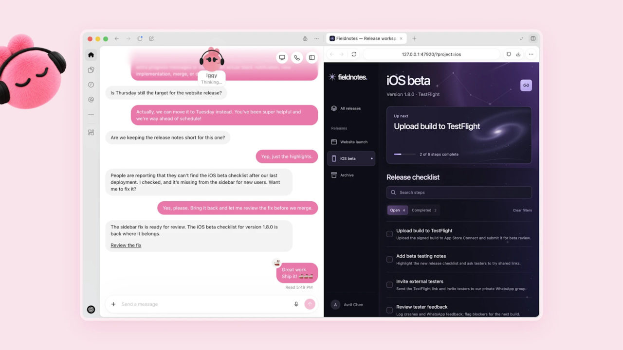 Interfaz de chat para gestión de lanzamiento de sitio web y aplicación iOS beta en TestFlight.