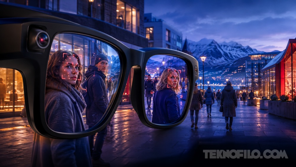 Noruega pone en jaque a las gafas inteligentes con cámara por sus riesgos para la privacidad Gafas inteligentes con reconocimiento facial observando a peatones en una ciudad noruega