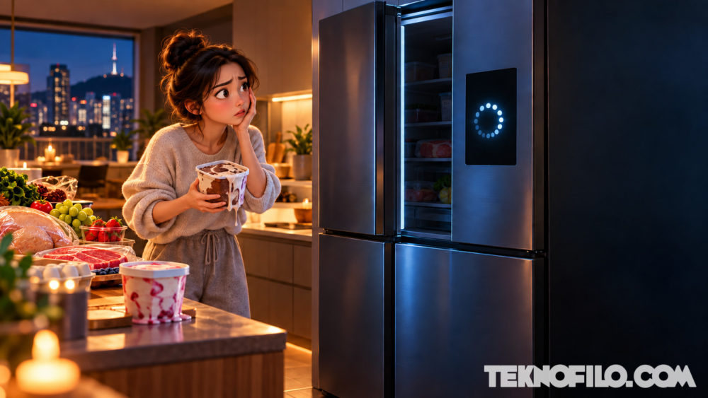 Una actualización de Samsung deja frigoríficos Bespoke AI sin enfriar en Corea del Sur Ilustración de un frigorífico inteligente sin refrigeración mientras una persona sostiene comida que empieza a descongelarse