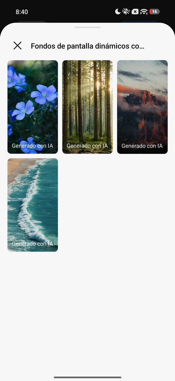 Cuatro imágenes de fondos de pantalla generados por IA: flores, bosque, montañas y playa.