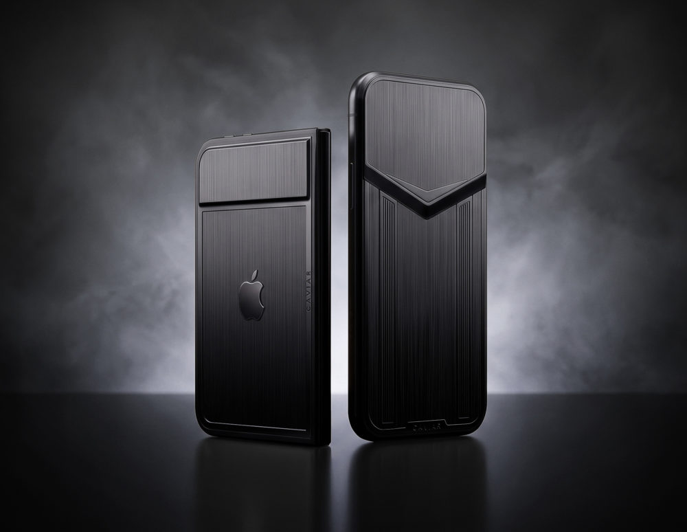 Caviar lanza los iPhone 18 Pro y iPhone Duo de lujo sin cámaras desde 9.485 € Smartphones de lujo en color negro con diseño elegante, marca de la manzana y acabado texturizado en fondo oscuro.