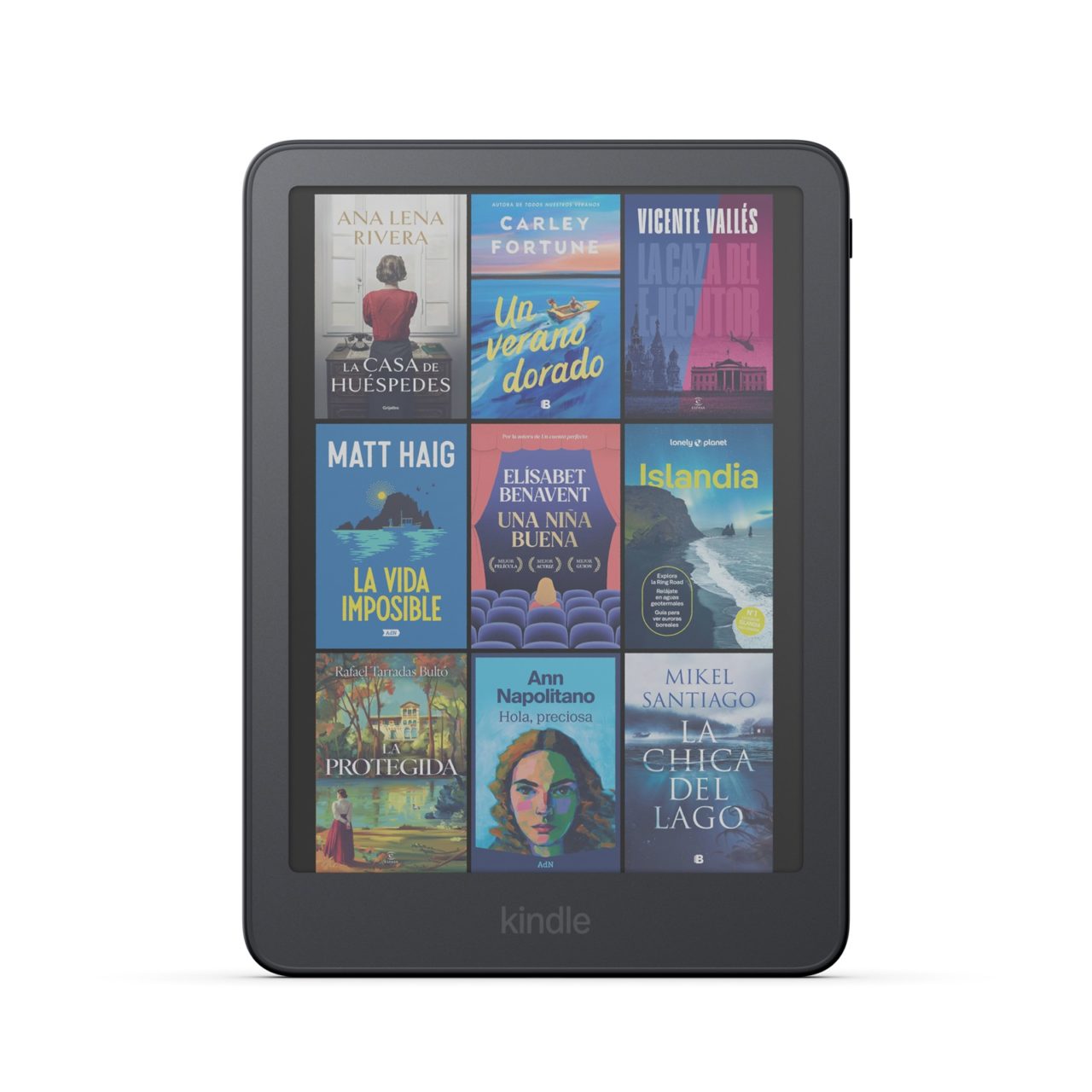 Kindle Colorsoft en grafito mostrando portadas de libros a color
