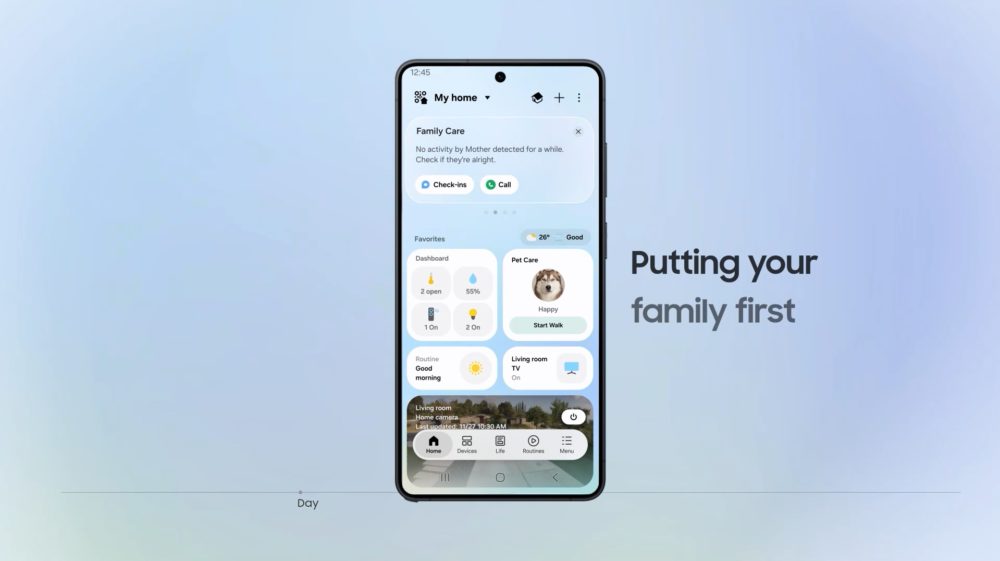 Samsung SmartThings Now: una casa más intuitiva y control local un 30% más rápido Interfaz de aplicación móvil para cuidado familiar con opciones de monitoreo y control de dispositivos del hogar inteligente.