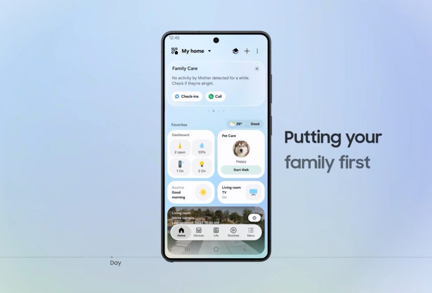 Interfaz de aplicación móvil para cuidado familiar con opciones de monitoreo y control de dispositivos del hogar inteligente.