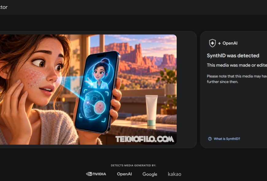 Google abre SynthID Detector a todos para identificar imágenes, vídeos y audio creados con IA Mujer sorprendida mira asistente virtual en un smartphone que analiza su piel. Paisaje desértico al fondo.