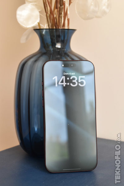 Smartphone moderno frente a jarrón azul con flores secas, mostrando la hora 14:35 en pantalla, diseño elegante.