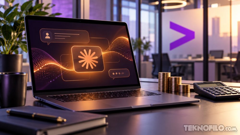 Accenture pone límite al gasto en Claude: los proyectos pagarán el consumo adicional Ilustración de un portátil con IA, calculadora y monedas en una oficina