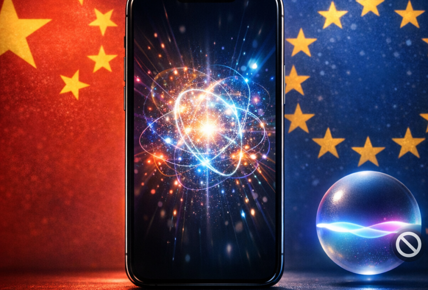 Apple Intelligence llegará a China con iOS 27.3 tras dos años Teléfono con una interfaz de inteligencia artificial entre los colores de China y la Unión Europea