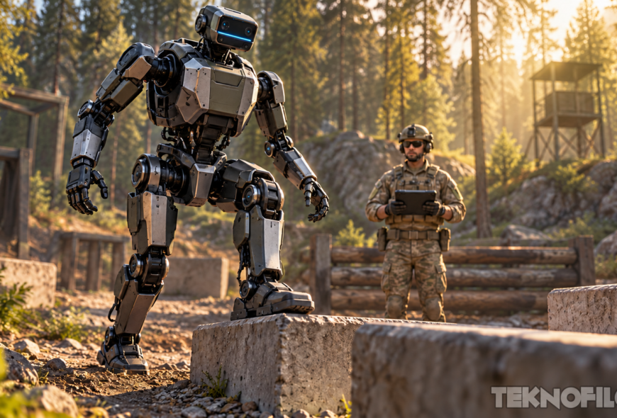 Ilustración conceptual de un robot humanoide en un circuito de pruebas, supervisado por un evaluador militar con una tableta